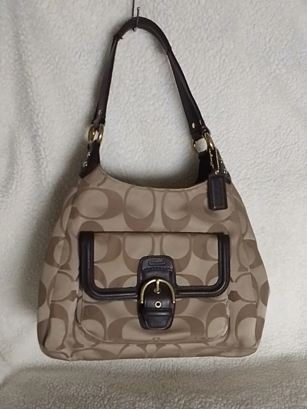 Coach Campbell Signature Logo Canvas Shoulder Bag with Dark Brown Trim